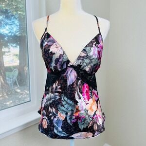 Linea Donatella Floral Cami Top Womens L Black Lace Trim Tropical Floral Print‎